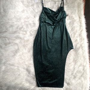 Green shimmery side split spaghetti straps bodycon draped neck dress NWT size XL